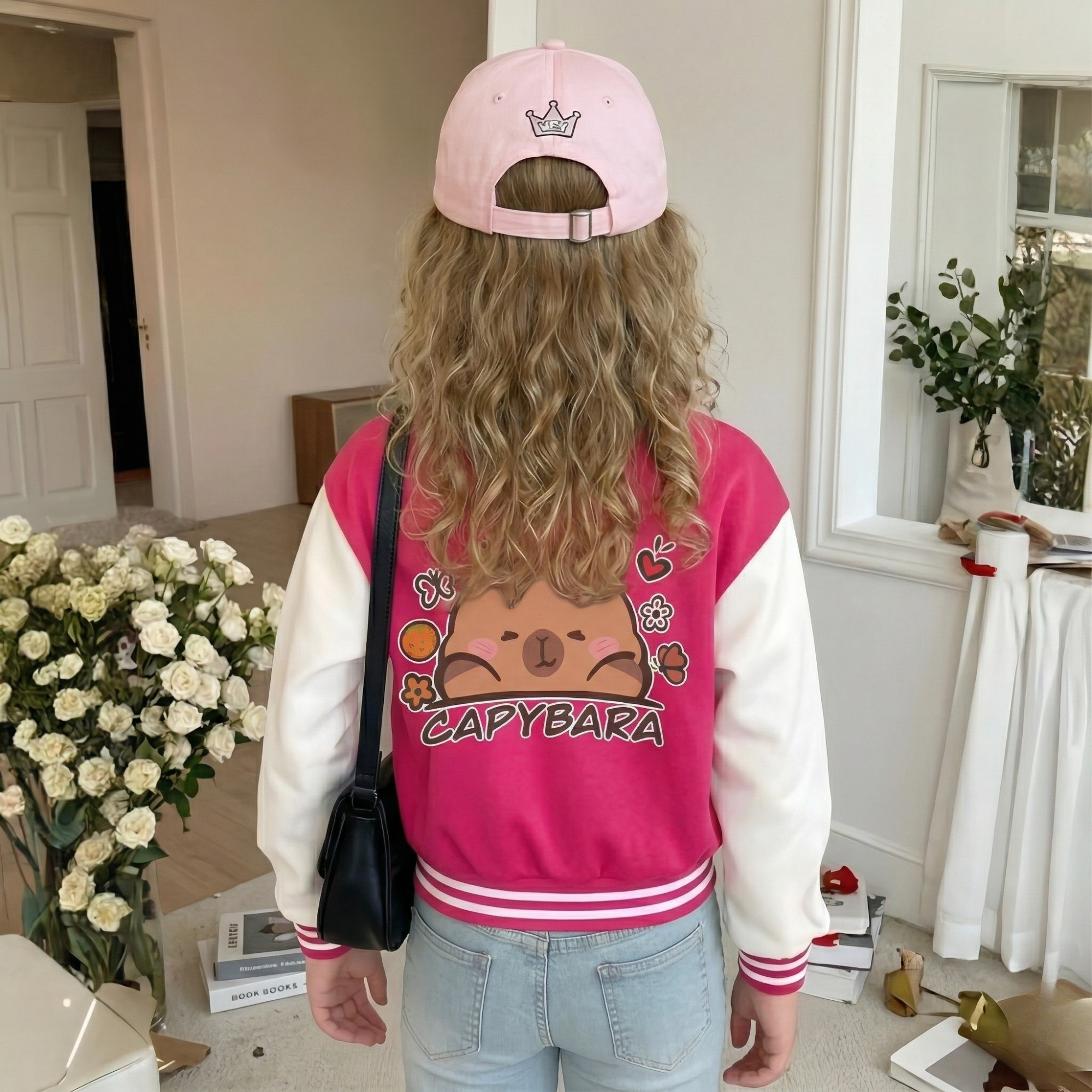 Capybara Graphic Print Baseball Jacket With Snap Closure For Girls
