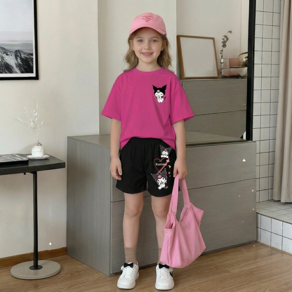 Kuromi Graphic Double Side Printed T Shirt And Shorts Outfit Set For Girls