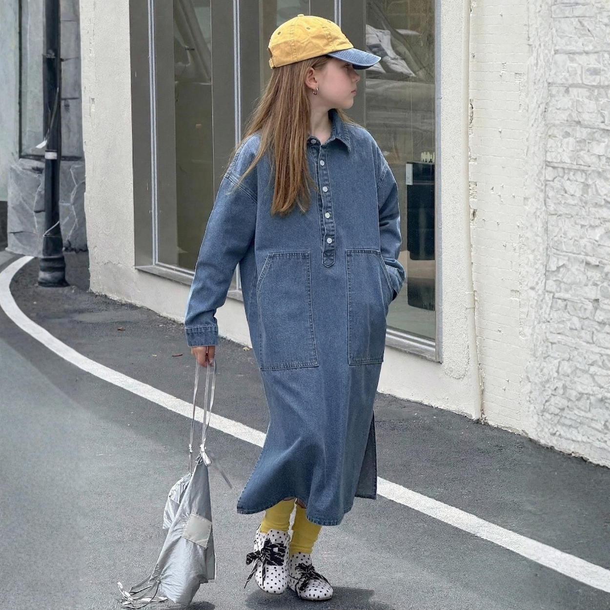 Oversized Denim Shirt Dress With Pocket And Button Front For Girls