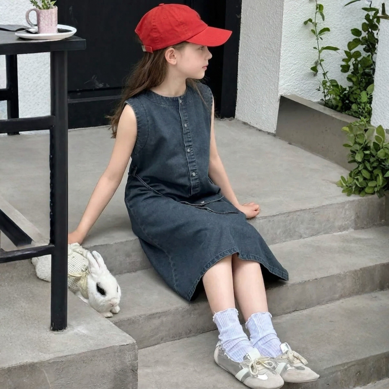 Tween Girl Crew Round Collar Sleeveless Denim Midi Dress