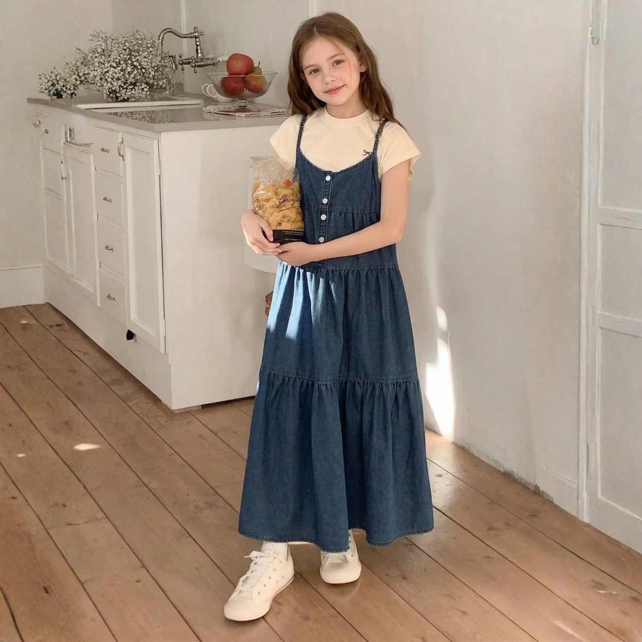 Girls Tiered Denim Pinafore Midi Dress