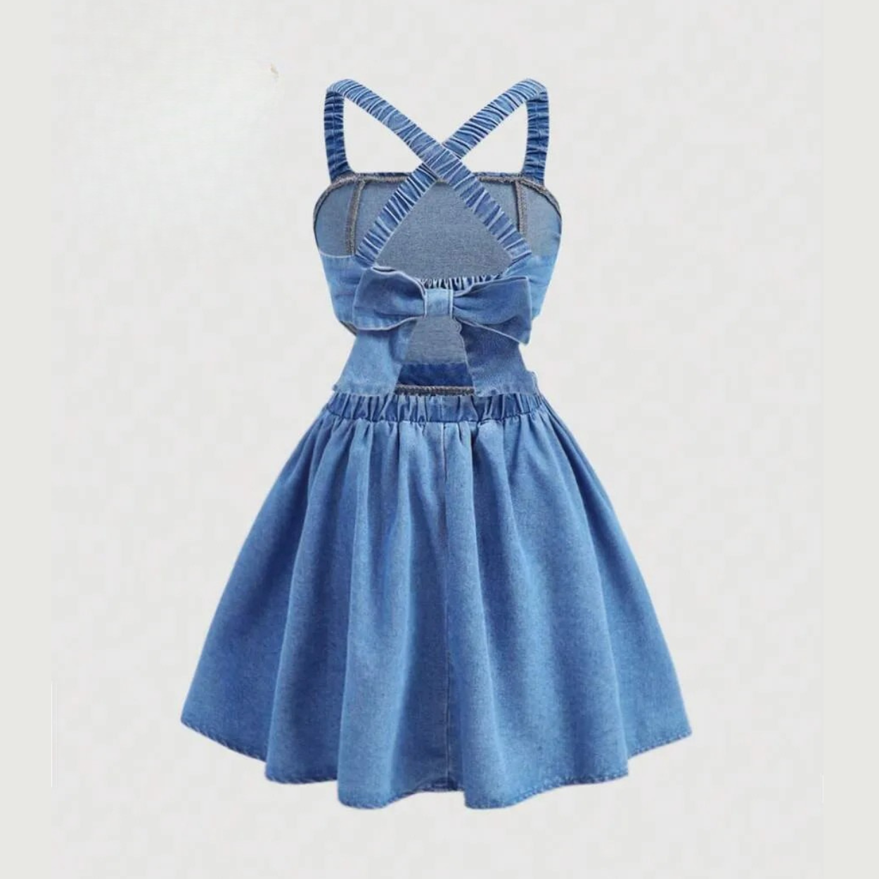 A Line Denim Cross Back Dress With Bowknot And Spaghetti Straps For Girls