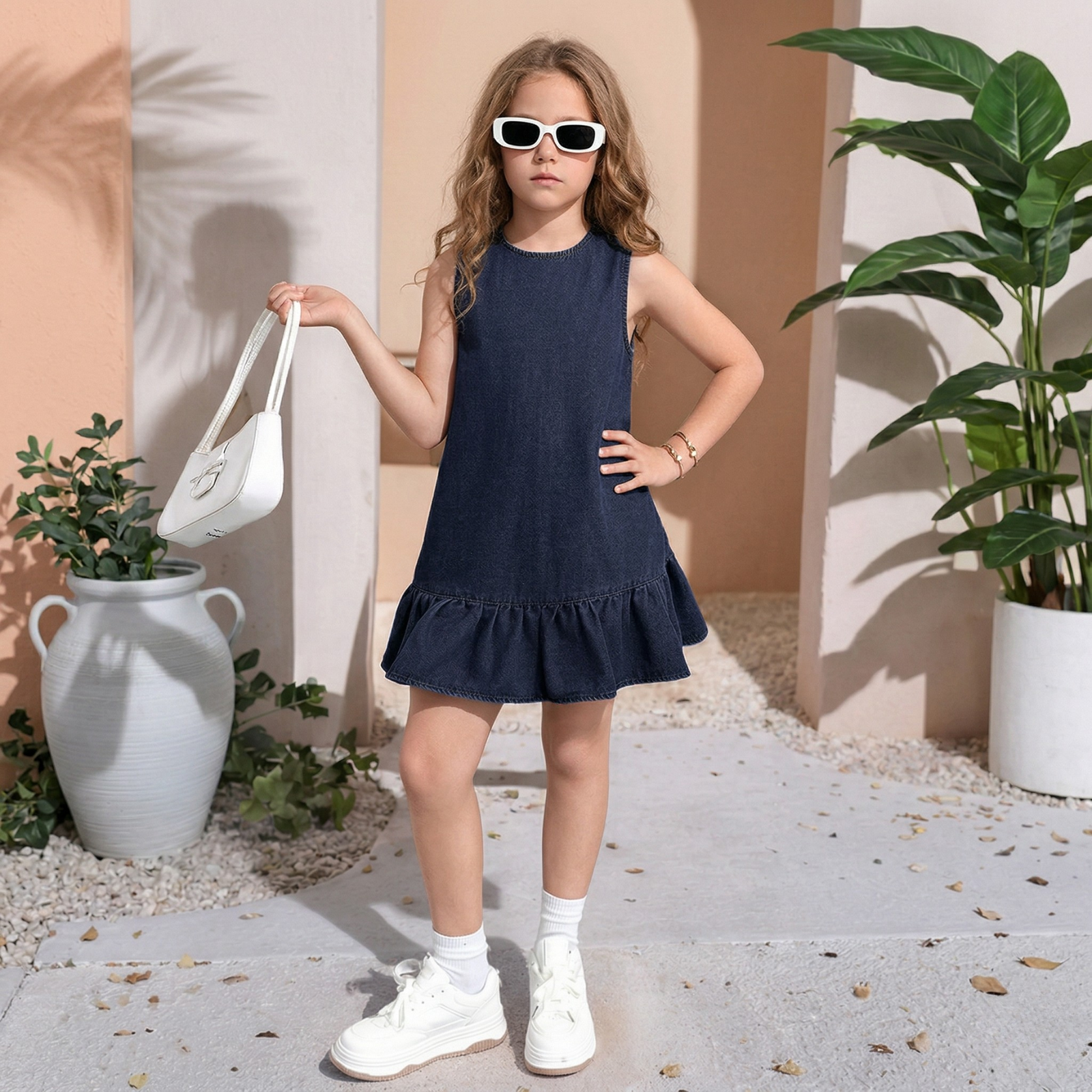 Sleeveless Denim Dress With Button Detail And Ruffle Hem Style For Girls