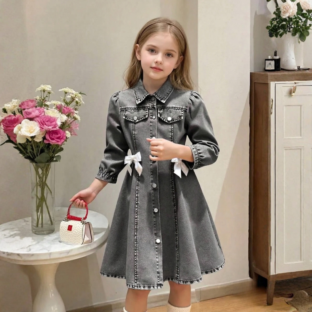 Tween Girls A Line Denim Shirt Dress With Puff Sleeves And Bow Details