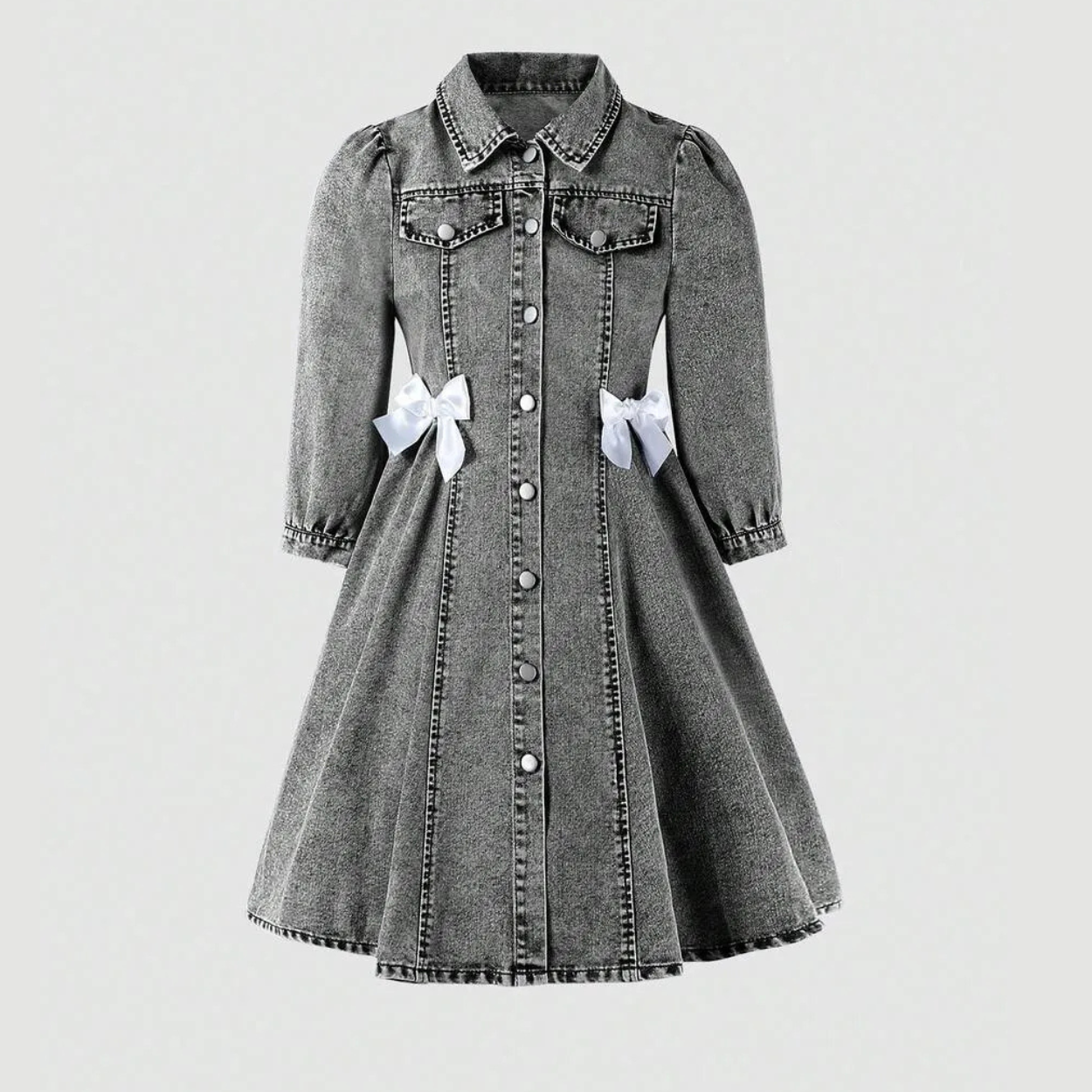Tween Girls A Line Denim Shirt Dress With Puff Sleeves And Bow Details