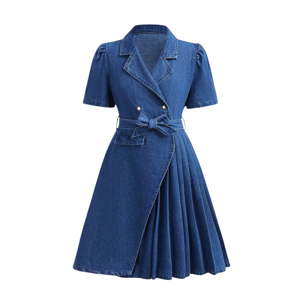 Denim Wrap Shirt Dress With Belt And Pleated Skirt For Girls