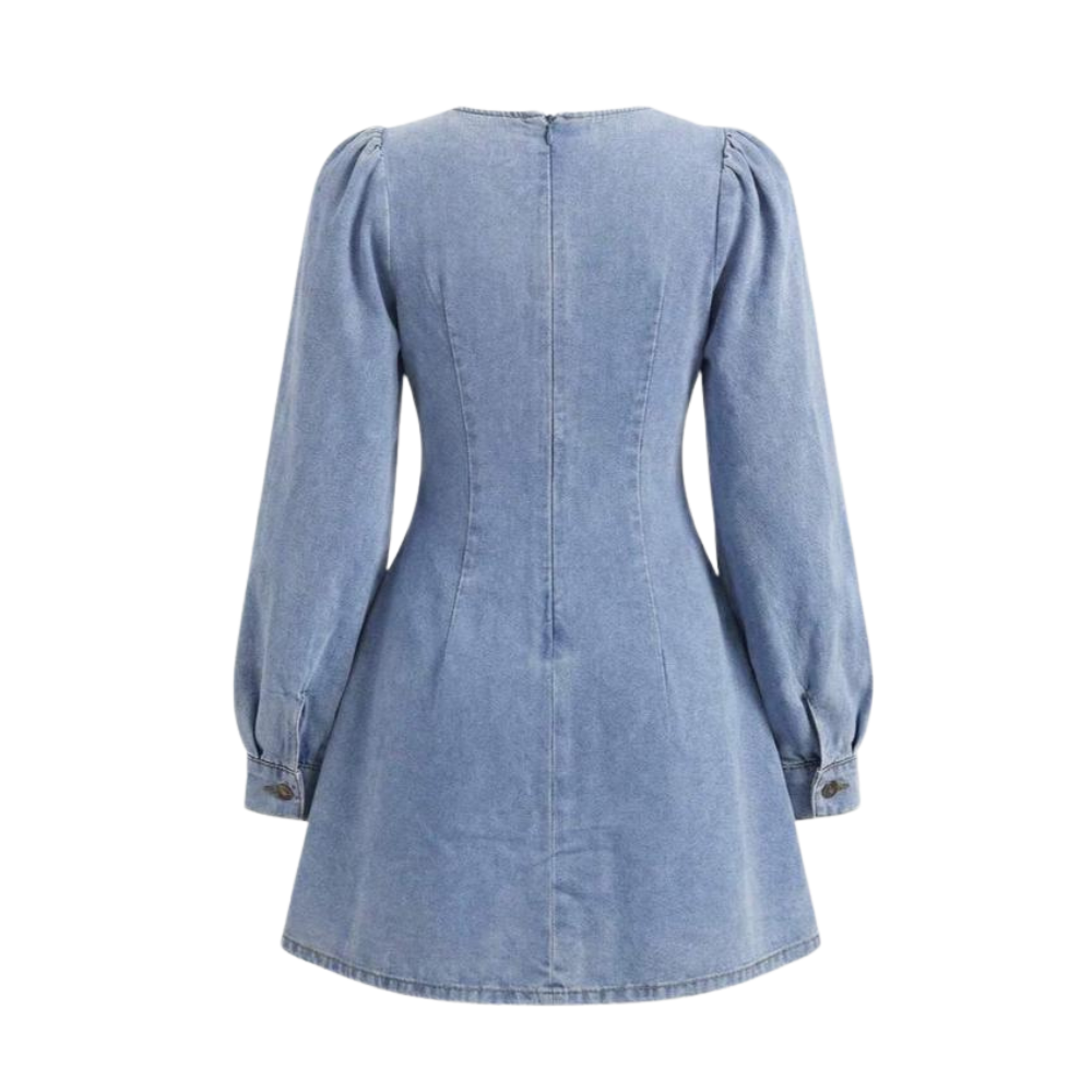 Vintage Style Denim Dress With Puff Sleeve And A Line Short Outfit For Girls