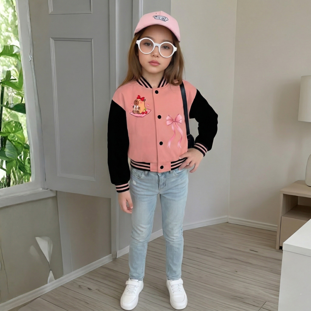 Kawaii Bear Drink Cartoon Printed Baseball Jacket For Girls