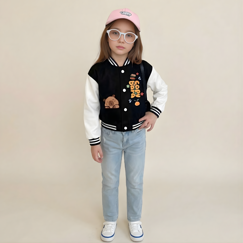 Bear Cartoon Printed Baseball Jacket With Snap Closure For Girls