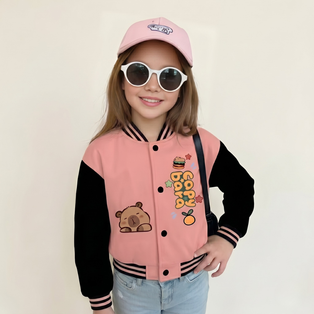 Bear Cartoon Printed Baseball Jacket With Snap Closure For Girls