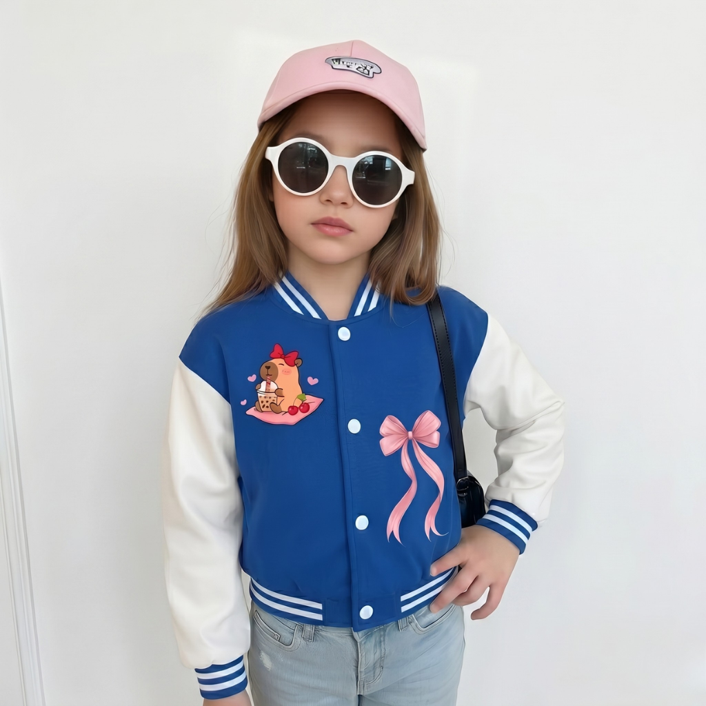 Kawaii Bear Drink Cartoon Printed Baseball Jacket For Girls