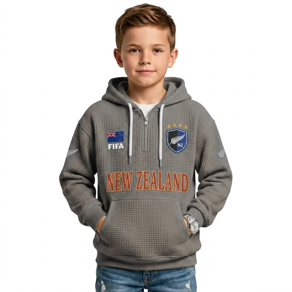 FIFA 2026 Zealand Printed Waffle Quarter Zip Football Fan Hoodie For Kids