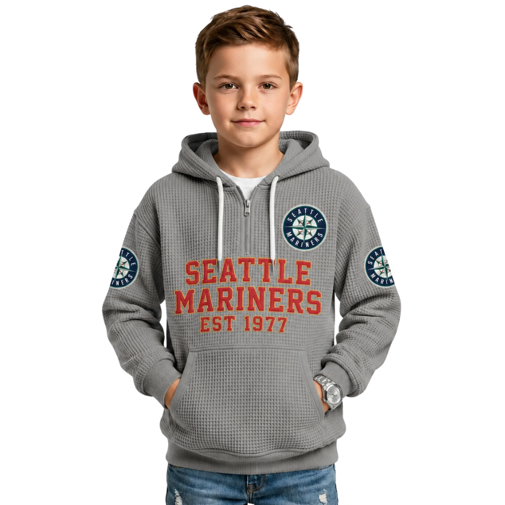 Seattle Mariners EST 1977 Printed Waffle Quarter Zip Baseball Fan Hoodie For Kids
