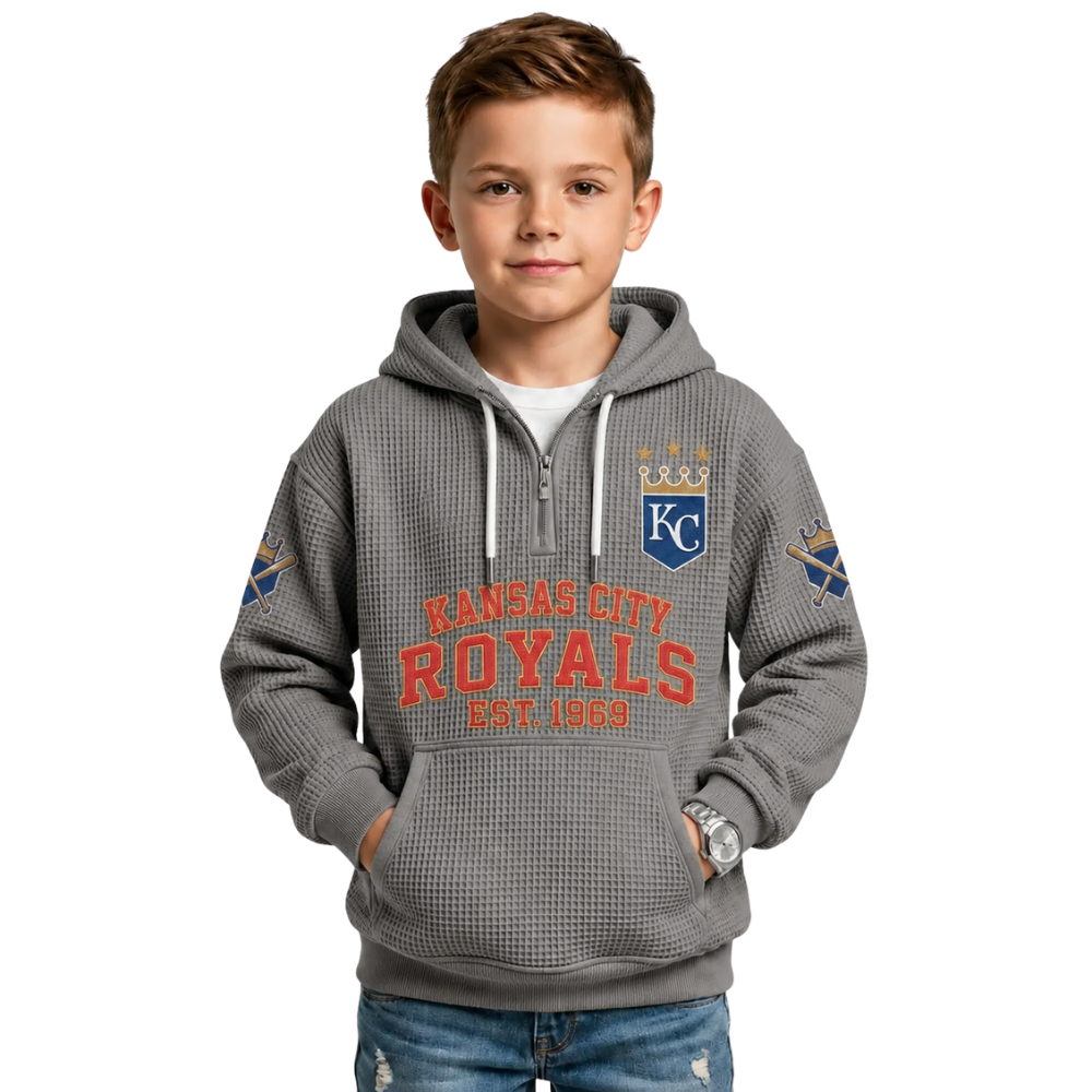 Kansas City Royals EST 1969 Printed Waffle Quarter Zip Baseball Fan Hoodie For Kids