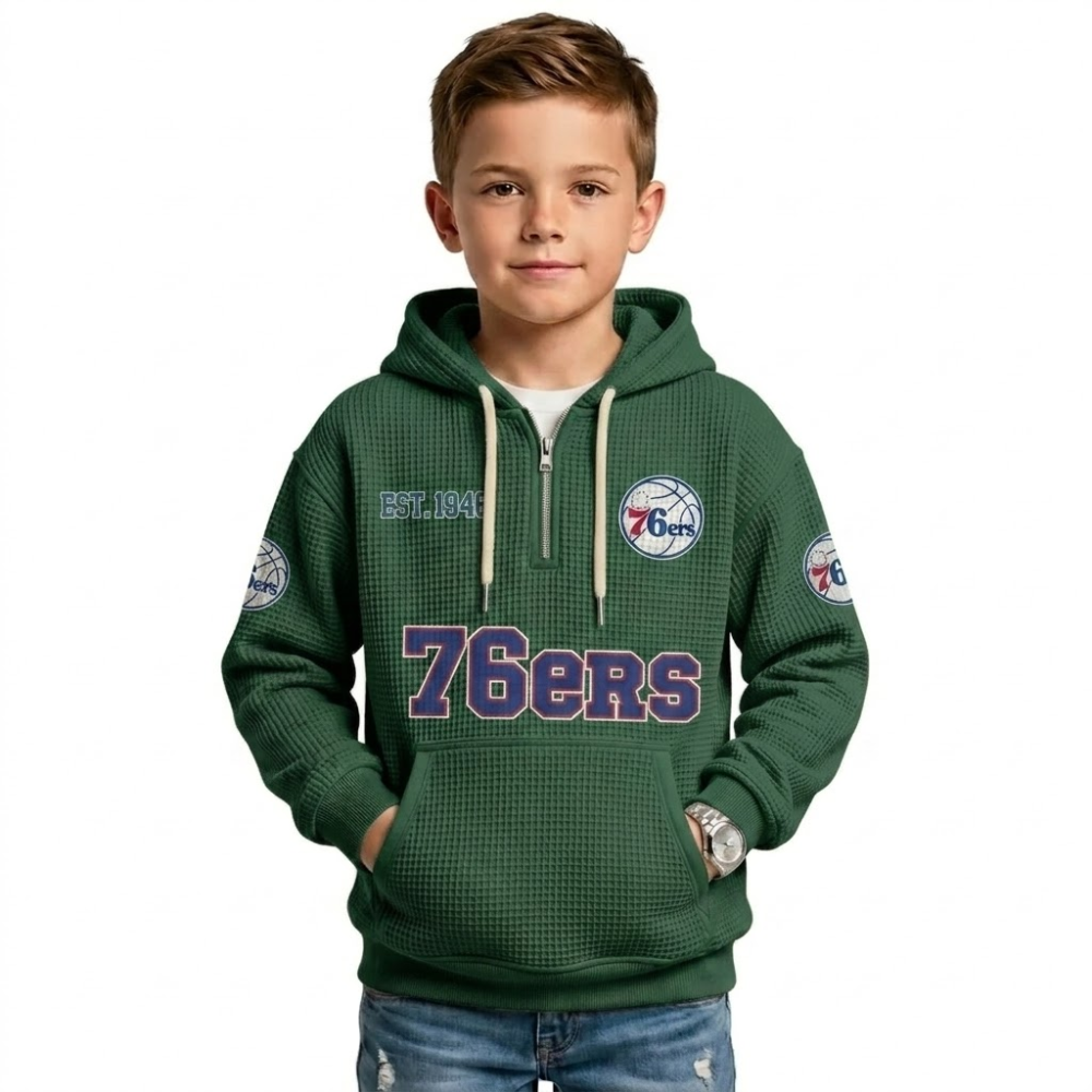 Philadelphia 76ers EST 1946 Printed Waffle Quarter Zip Basketball Fan Hoodie For Kids