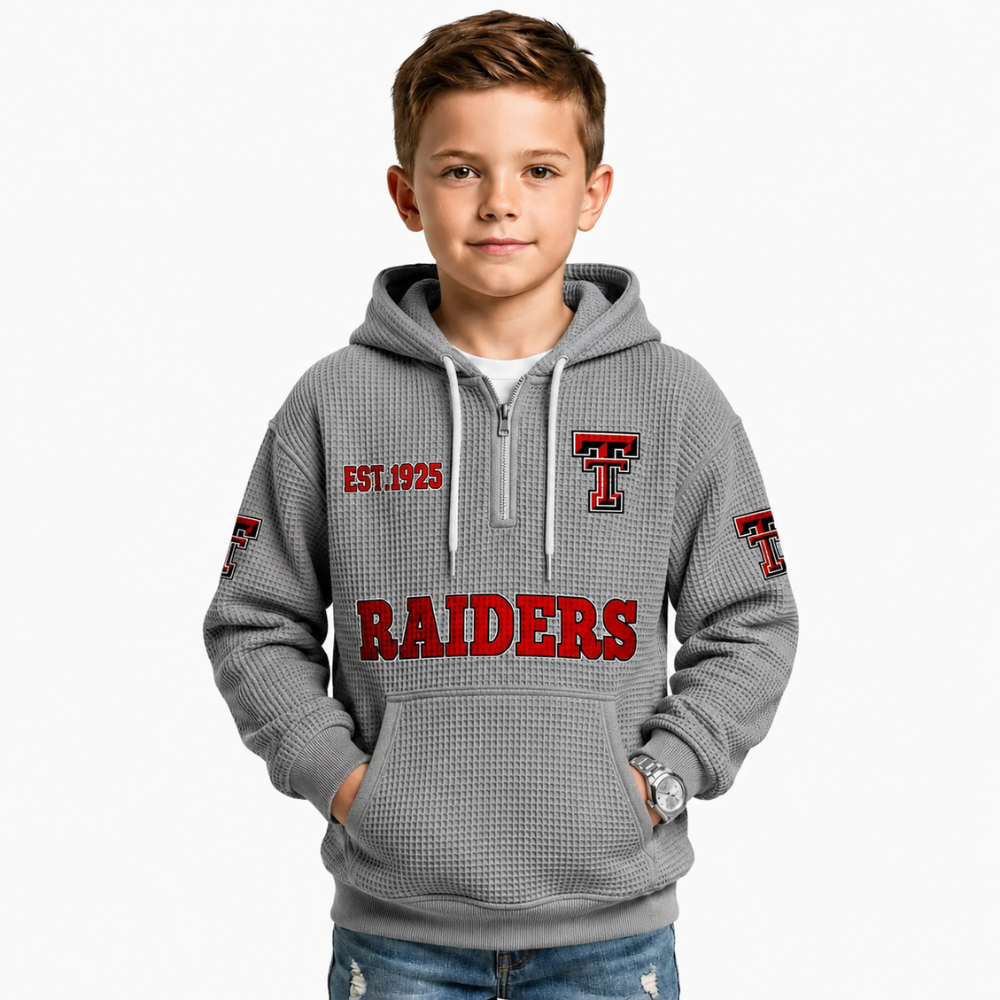 Las Vegas Raiders EST 1925 Themed Quarter Zip Waffle Football Fan Hoodie For Kids