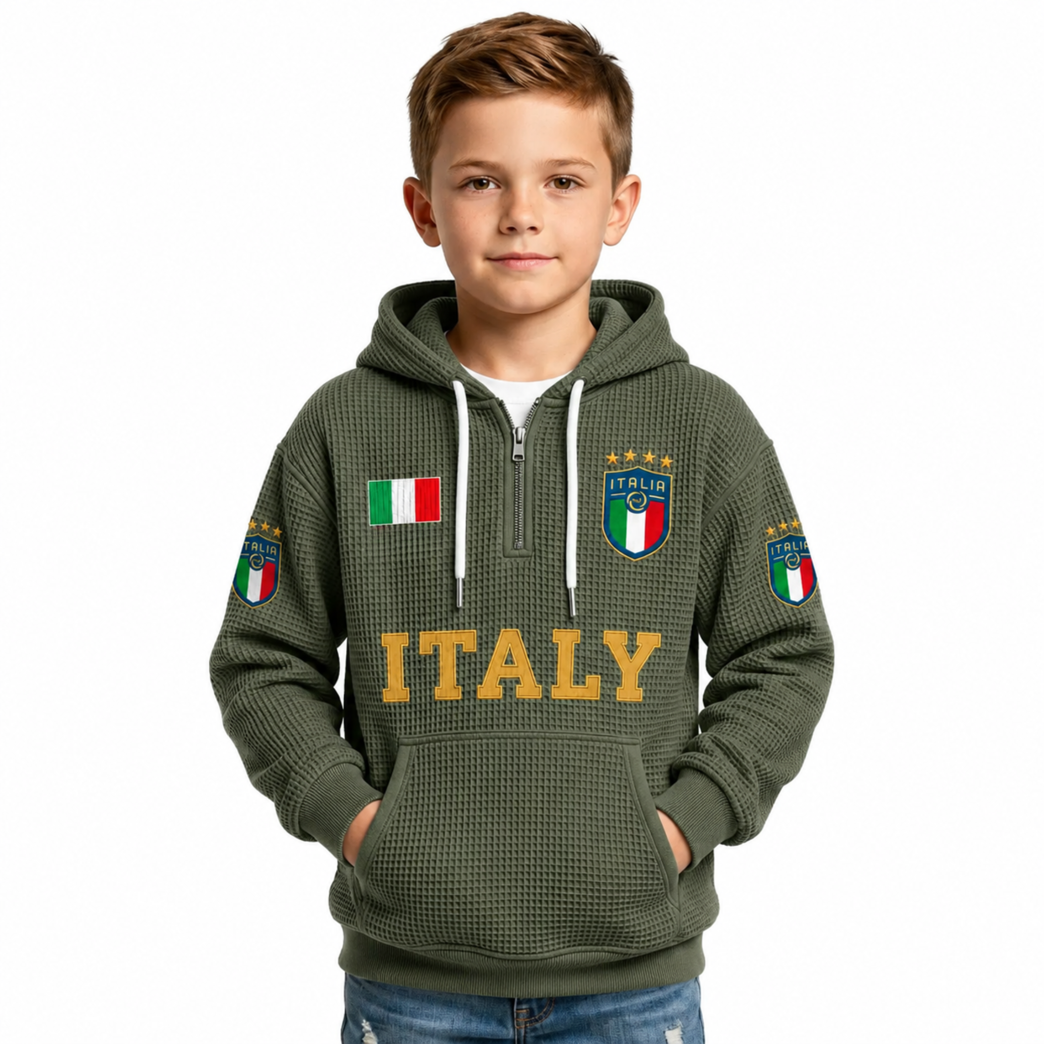 Italy Printed Waffle Quarter Zip Football Fan Hoodie For Kids