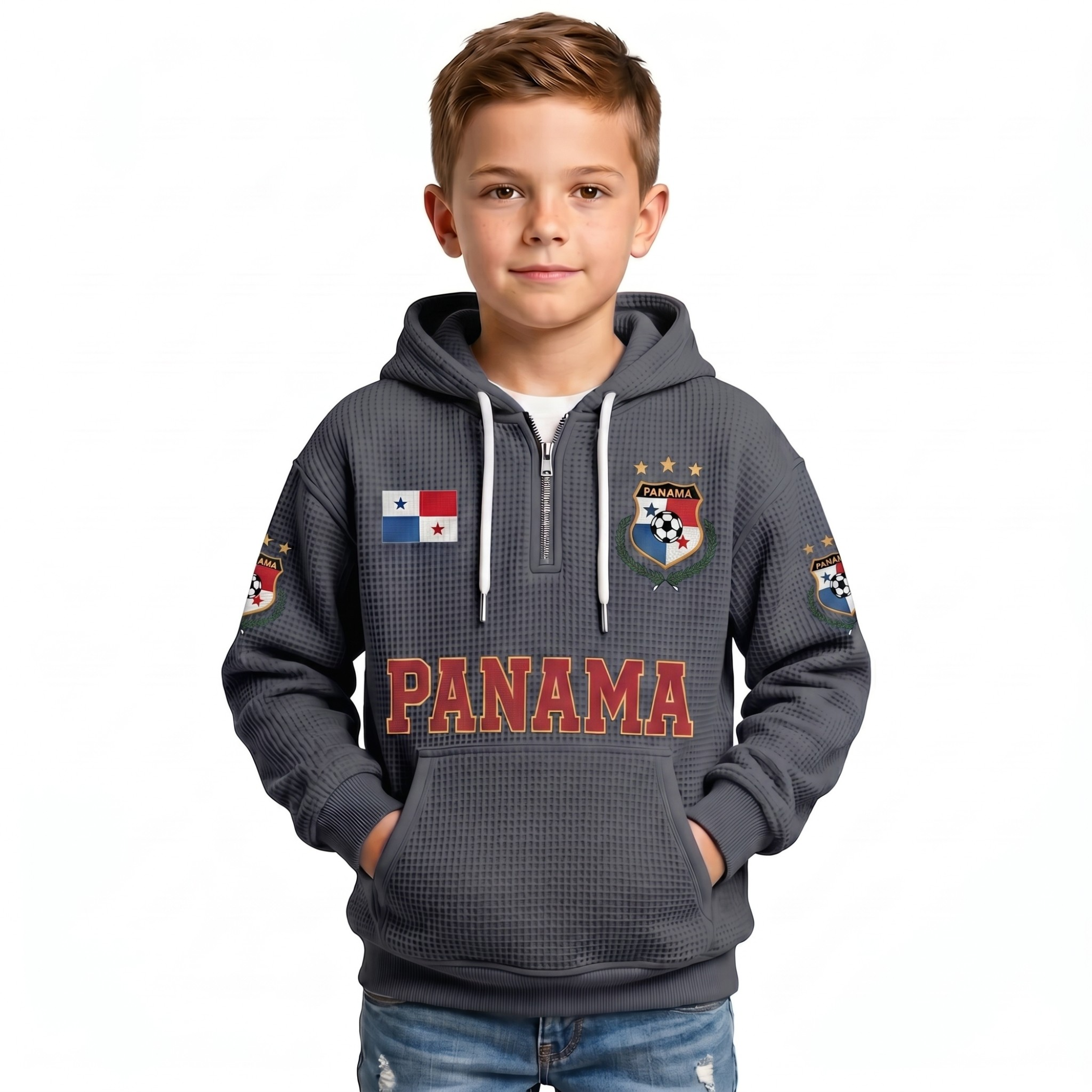 2026 Panama Printed Waffle Quarter Zip Football Fan Hoodie For Kids