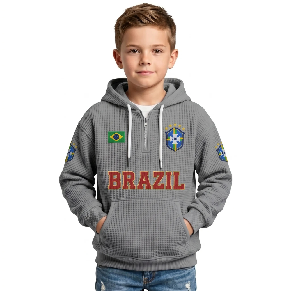 Brazil Printed Waffle Quarter Zip Football Fan Hoodie For Kids