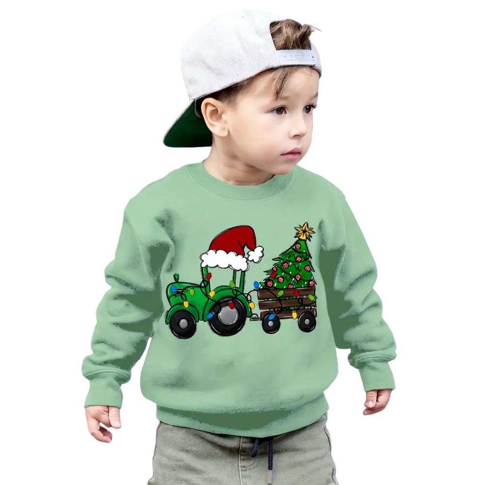 Cozy Boys Tractor Carrying Christmas Tree Design Sweatshirt