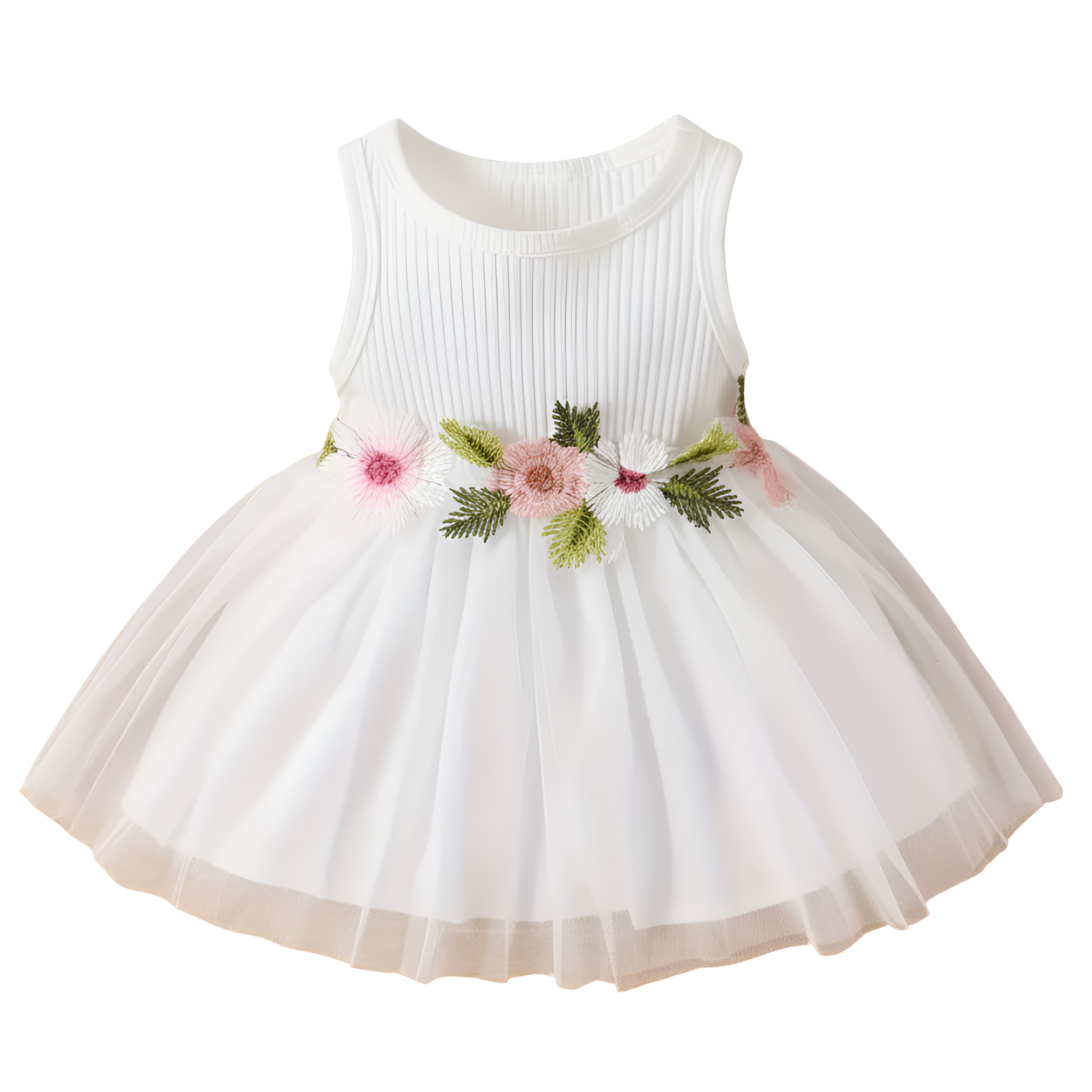 Summer Style Girl Round Neck Floral Waist Decor Vest Casual Dress