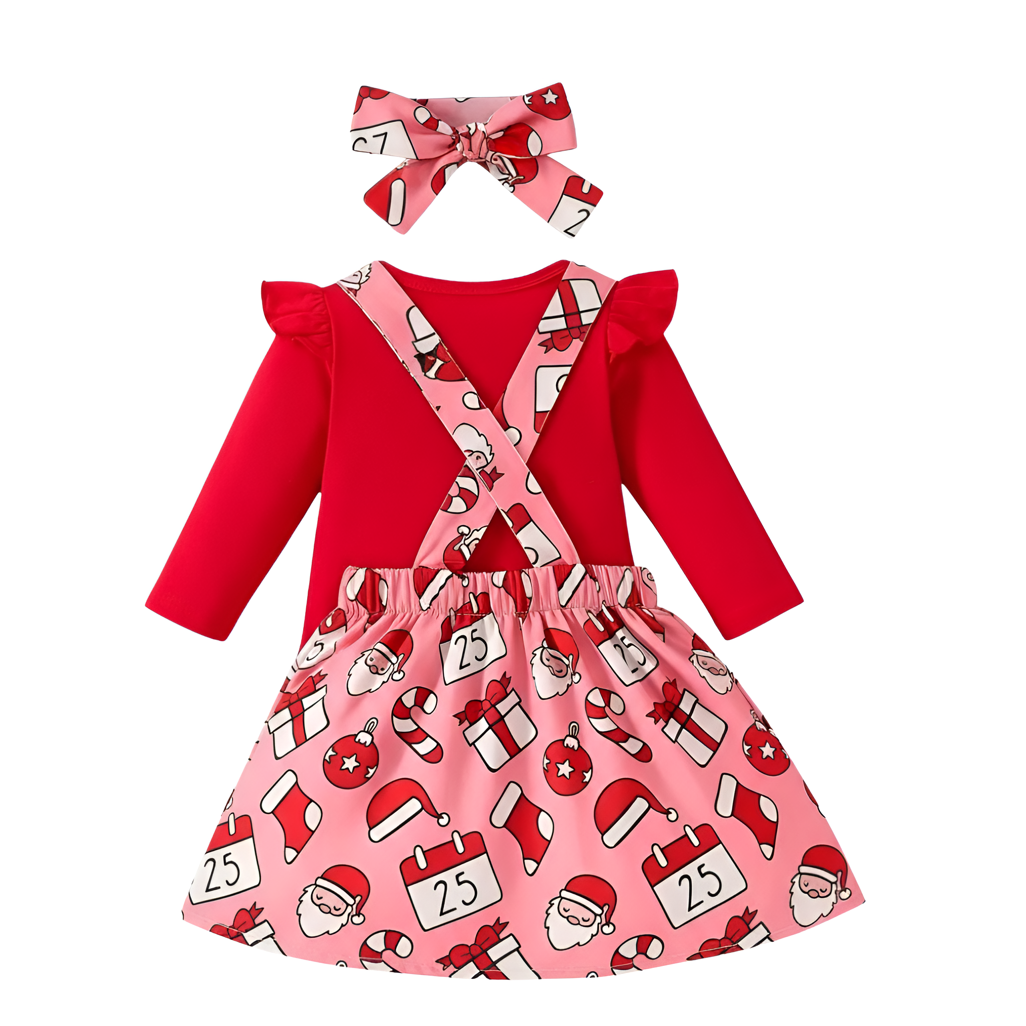 3 Piece Christmas Outfit Long Sleeve Onesie With Suspenders And Hair Tie For Girl
