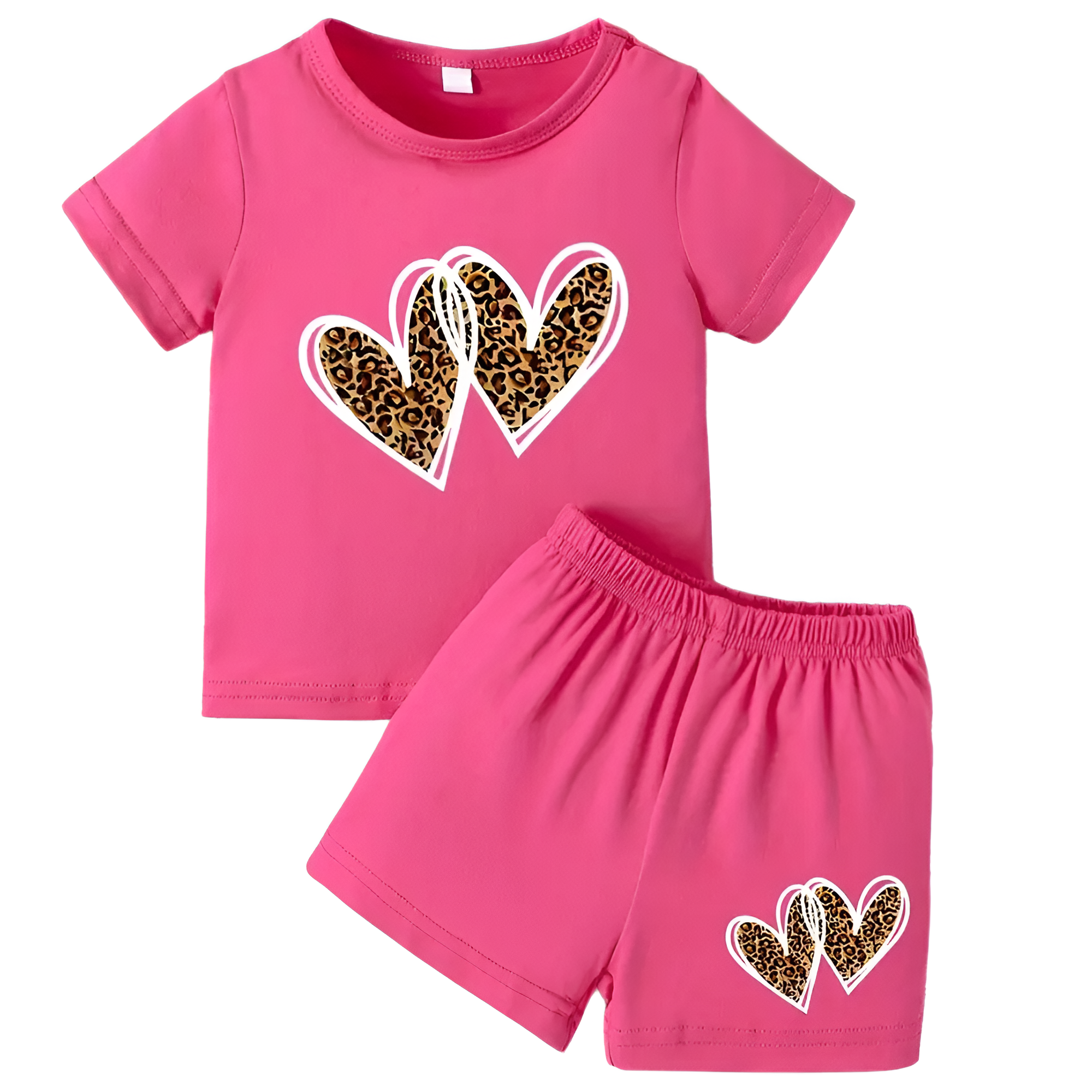Baby Girls Round Neck Leopard Print Love Graphic Short Sleeve Top and Shorts Two Piece Set