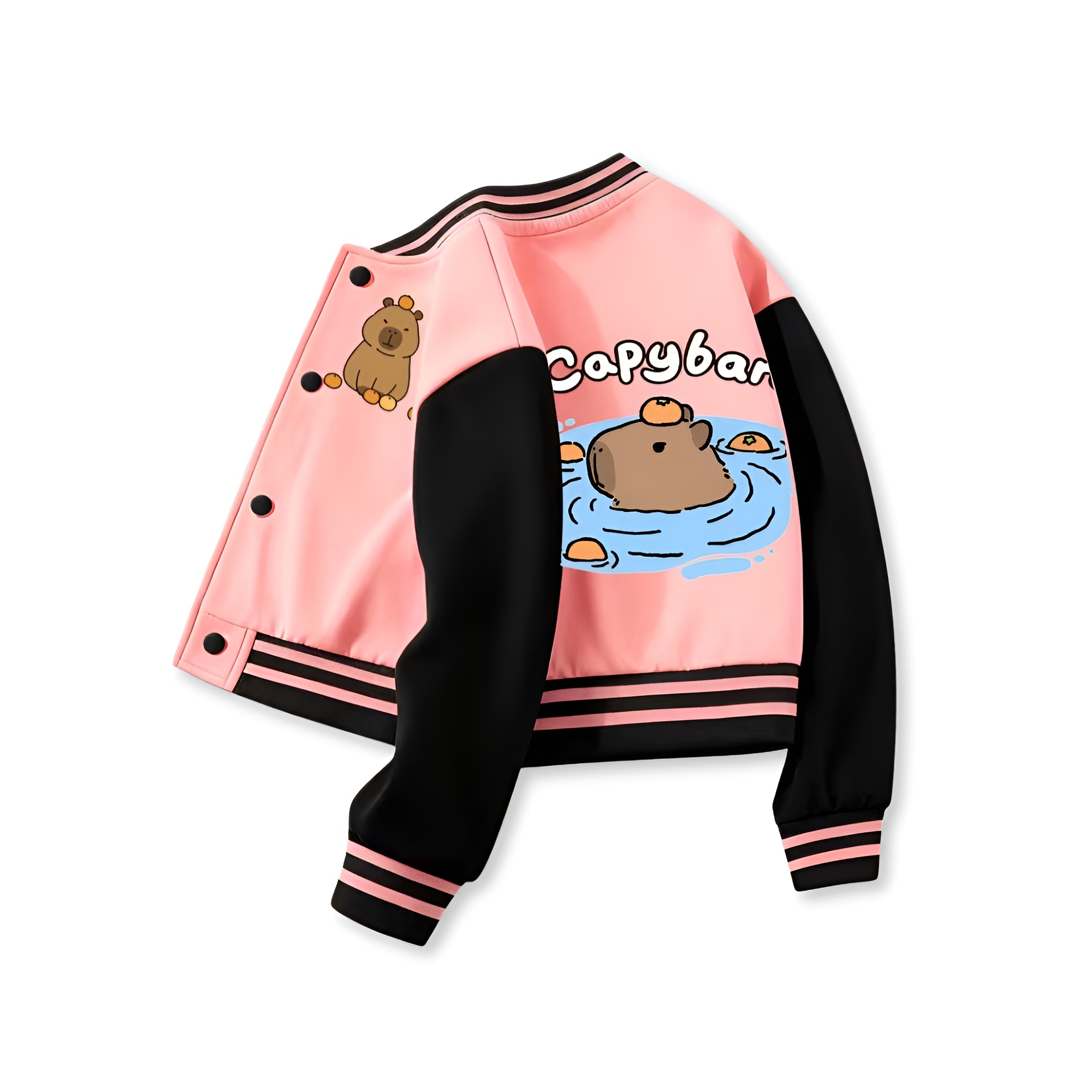 Capybara Family Print Baseball Jacket With Snap Closure And Casual Style For Girls