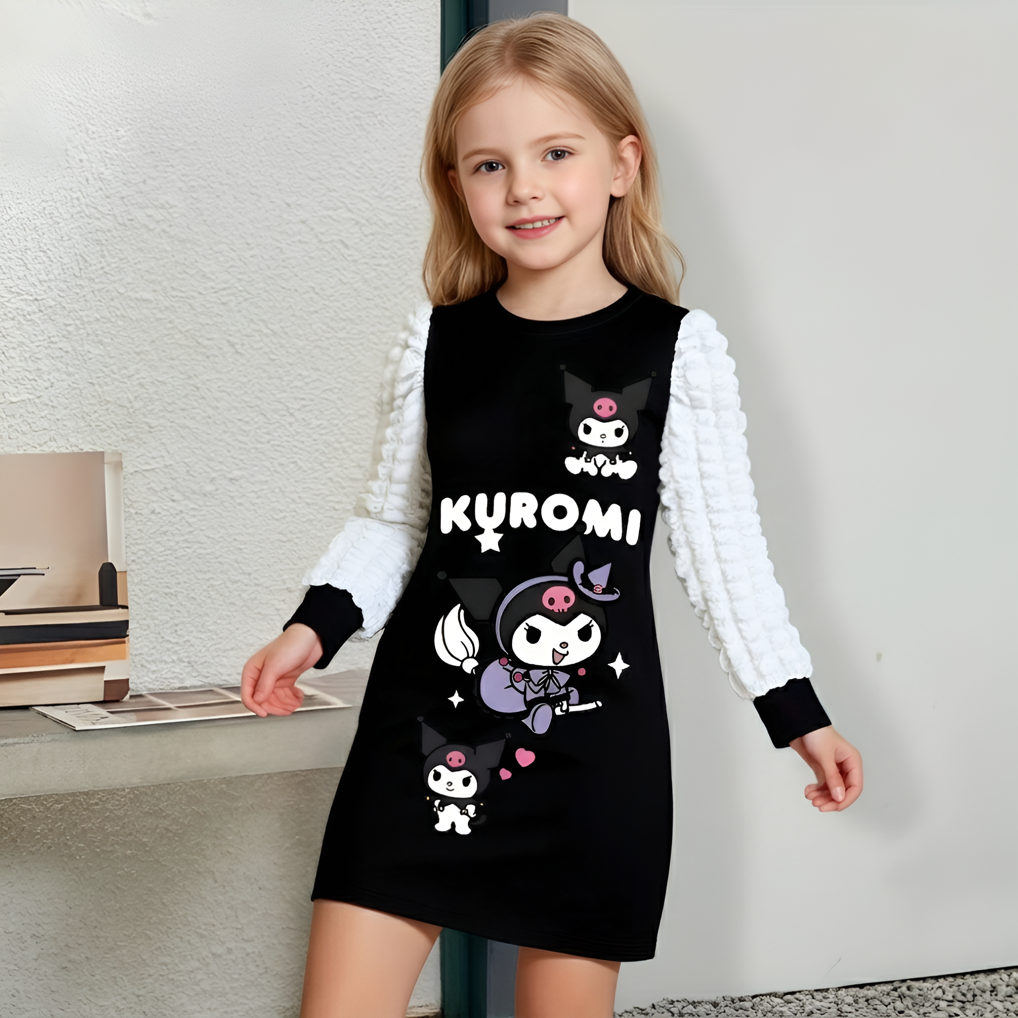 Kuromi Cartoon Printed Puff Sleeve Dress For Girls