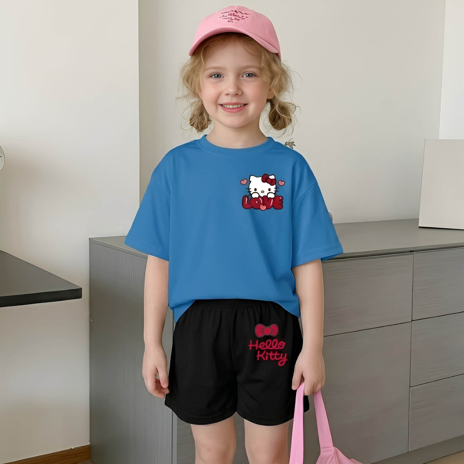 Hello Kitty Double Sided Print Mesh T Shirt And Shorts Set For Girls