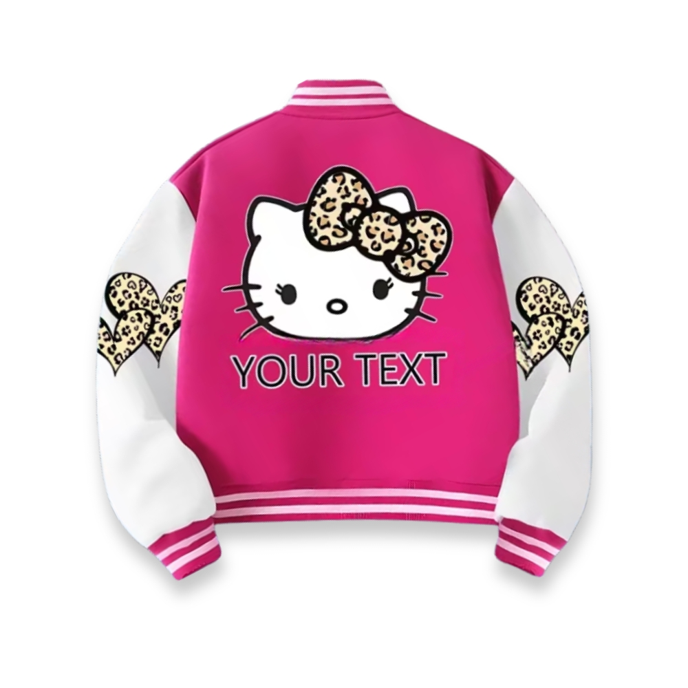 Personalized Hello Kitty Cartoon Leopard Bow Printed Baseball Jacket