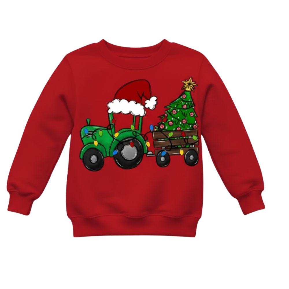 Cozy Boys Tractor Carrying Christmas Tree Design Sweatshirt