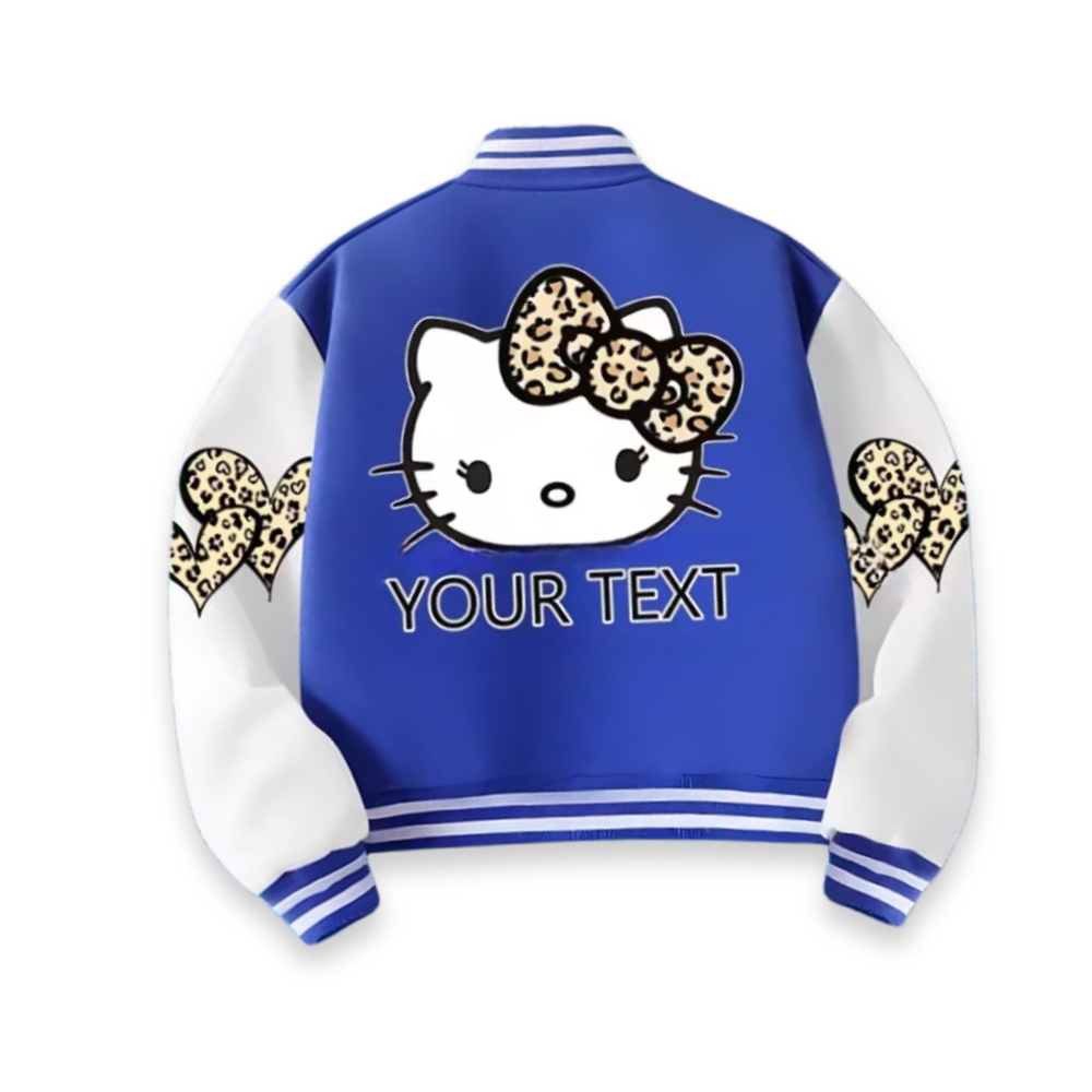 Personalized Hello Kitty Cartoon Leopard Bow Printed Baseball Jacket