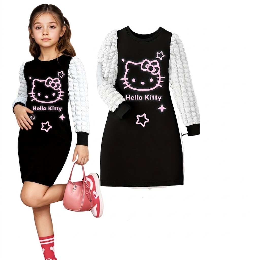 Hello Kitty Cartoon Dress With Long Puff Sleeves And Star Design For Girls
