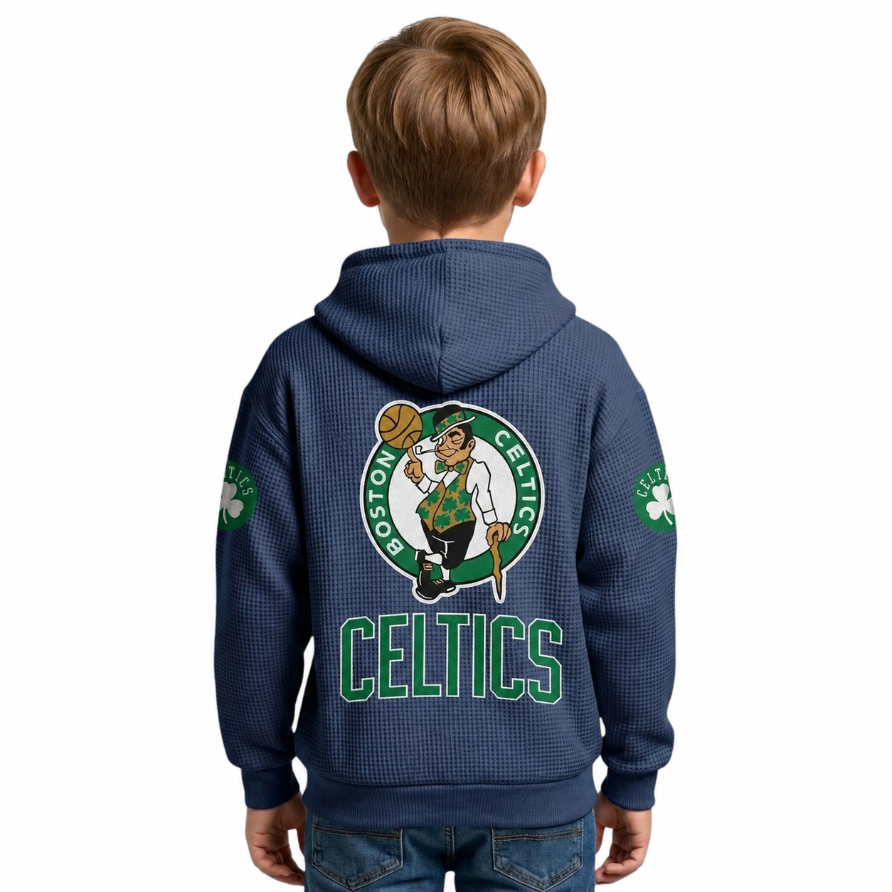Boston Celtics EST 1946 Printed Waffle Quarter Zip Basketball Fan Hoodie For Kids