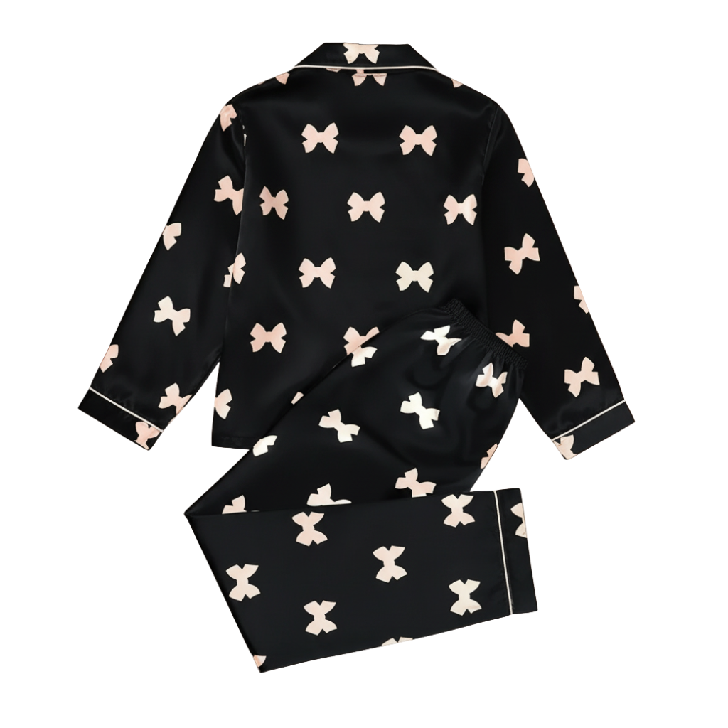 Long Sleeve Bowknot Print Pajama Set With Collar And Pants