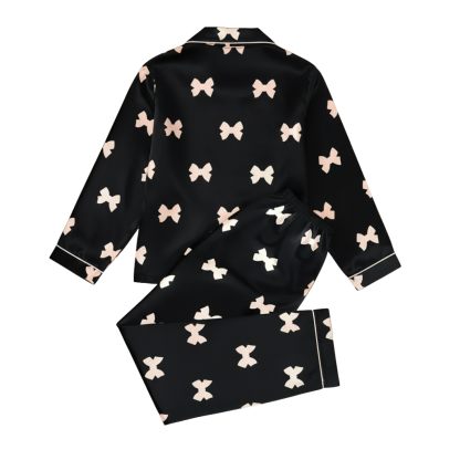 Long Sleeve Bowknot Print Pajama Set With Collar And Pants