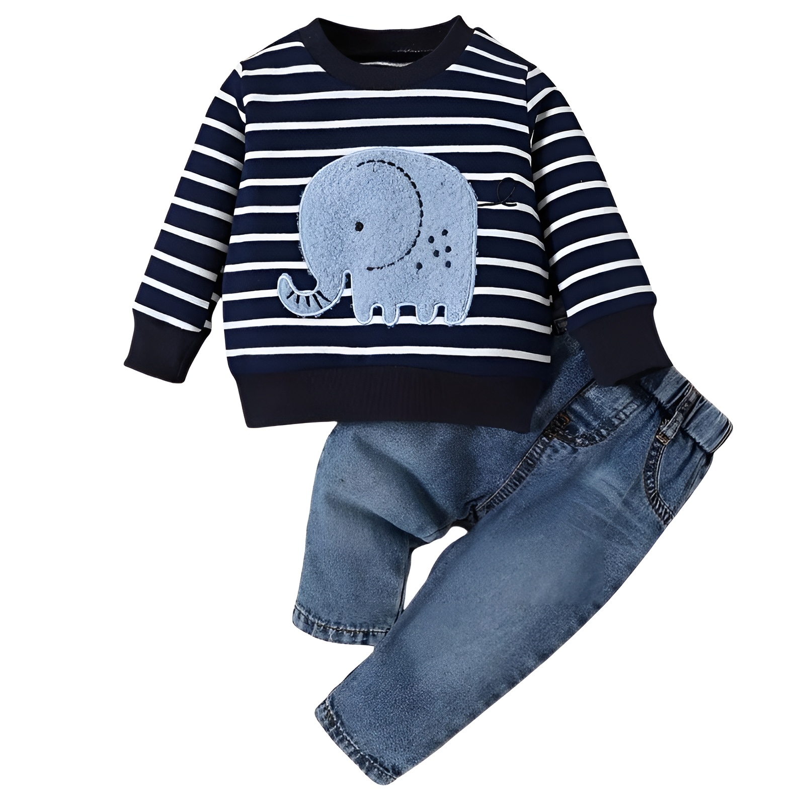 2pcs Boy Striped Elephant Pattern Long Sleeve Top and Denim Trousers