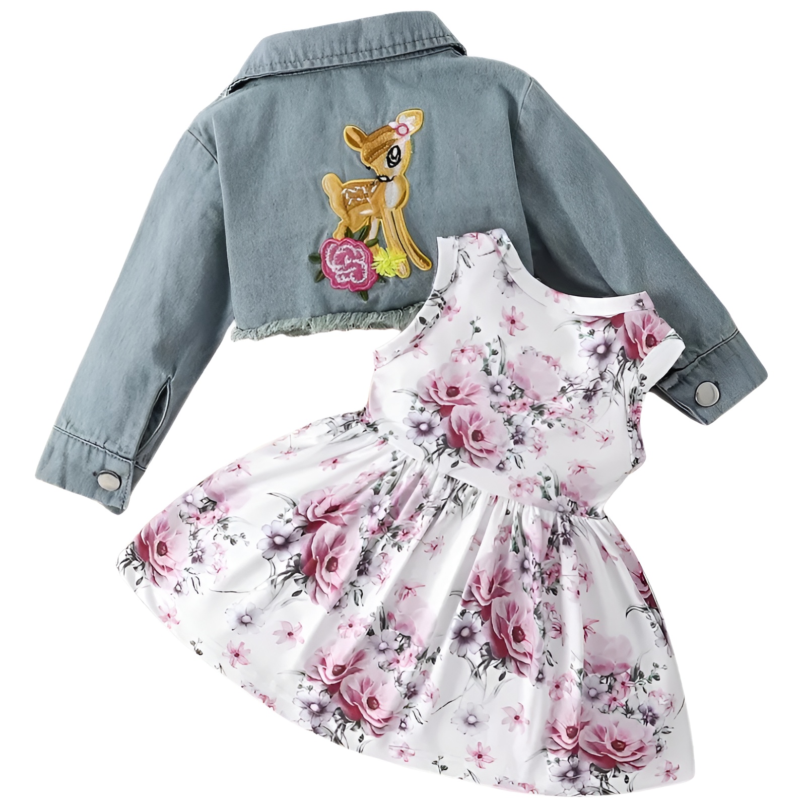 Girl Cartoon Print Vest Dress with and Short Denim Top Two Piece Set