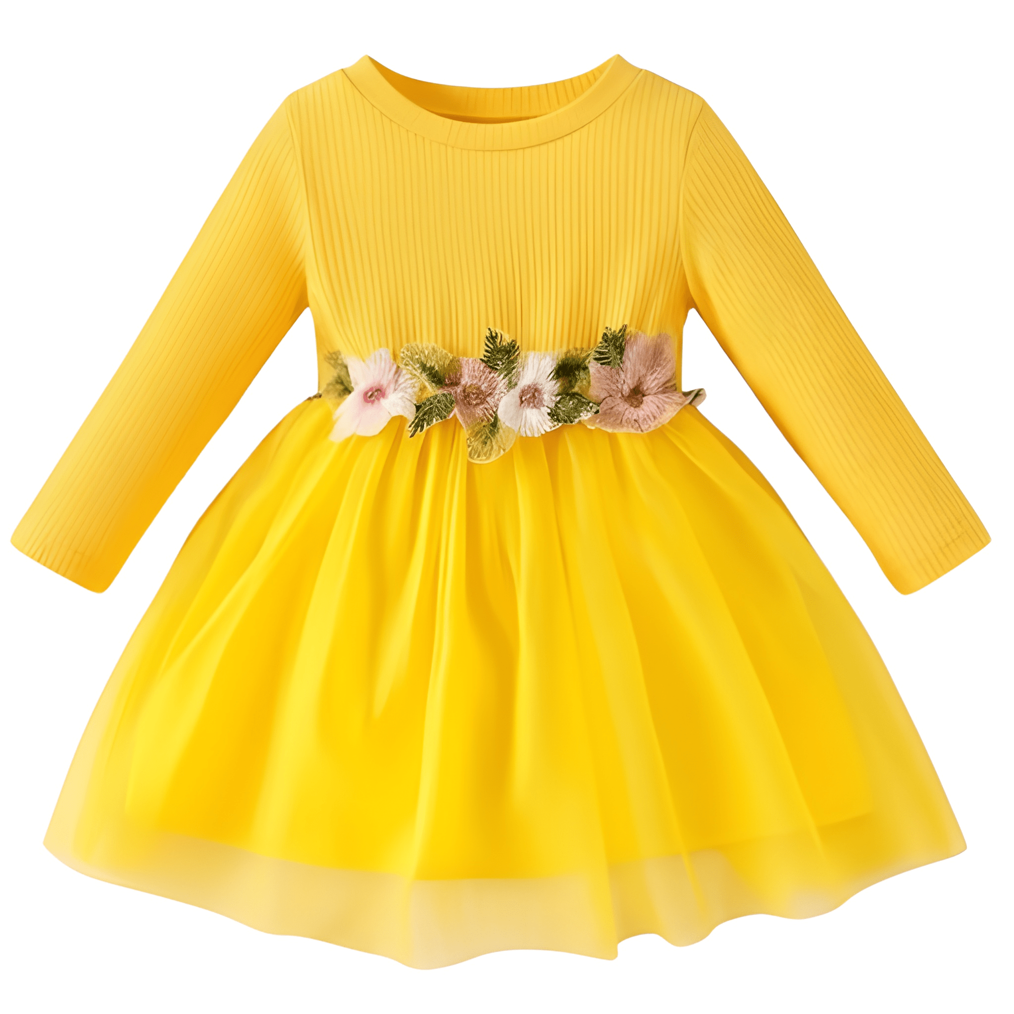 Long Sleeve Floral Mesh Party Dress For Baby