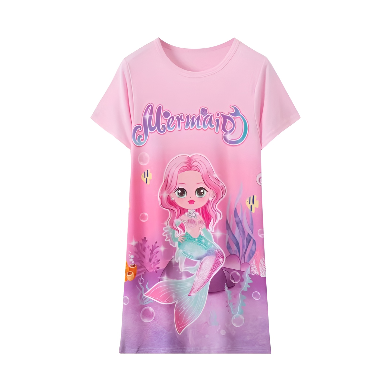 2pcs Cartoon Mermaid Pattern Short Sleeve Knee Length Dress for Girls