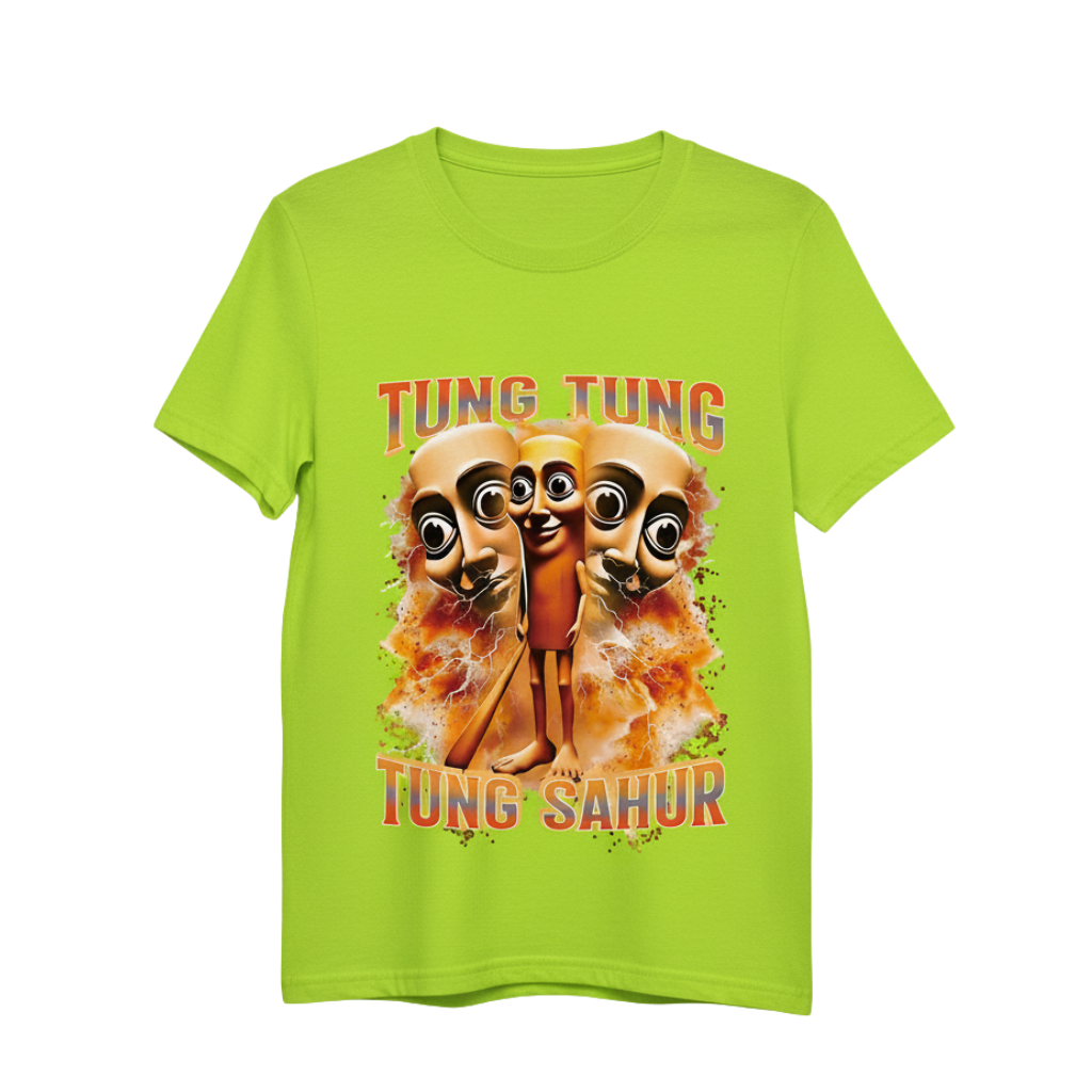 Cartoon Print With Wooden Stick Figure Design Round Neck T Shirt