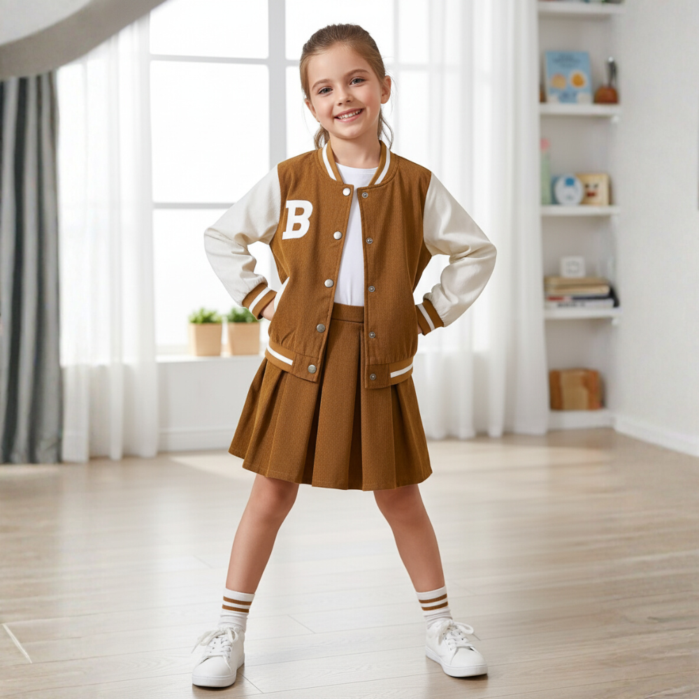 Two Piece Girls Preppy Outfit With Baseball Jacket And Pleated Skirt