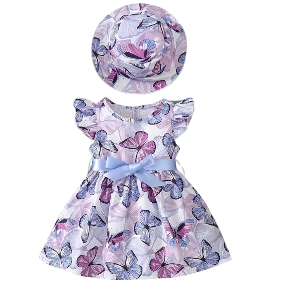 Butterfly Printed Dress And Matching Hat Set For Girls 