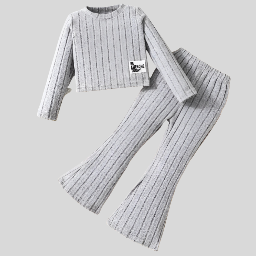 Long Sleeve Ribbed Pullover Top With Flare Pants Set For Girls
