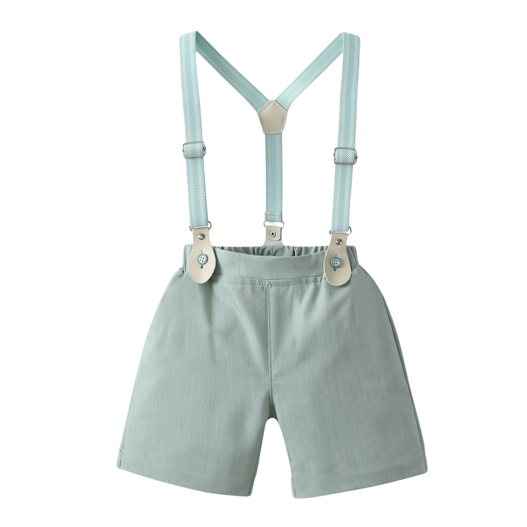 Two Piece Suit Set With Short Sleeve Shirt Bow Tie And Suspender Shorts For Boys