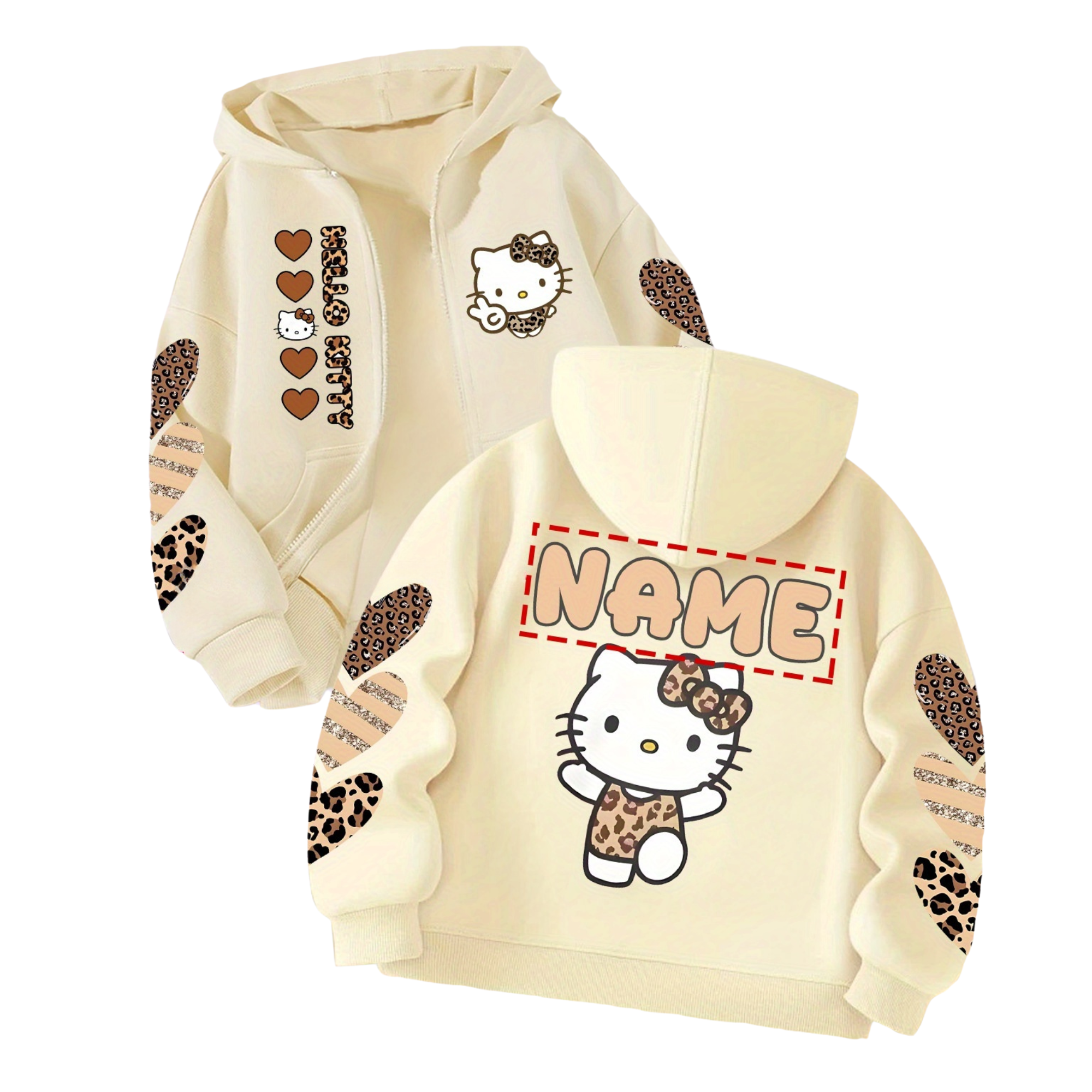  Cardigan Hoodie Features a Cute Leopard Print with Double-Sided Fun Prints of Hello Kitty