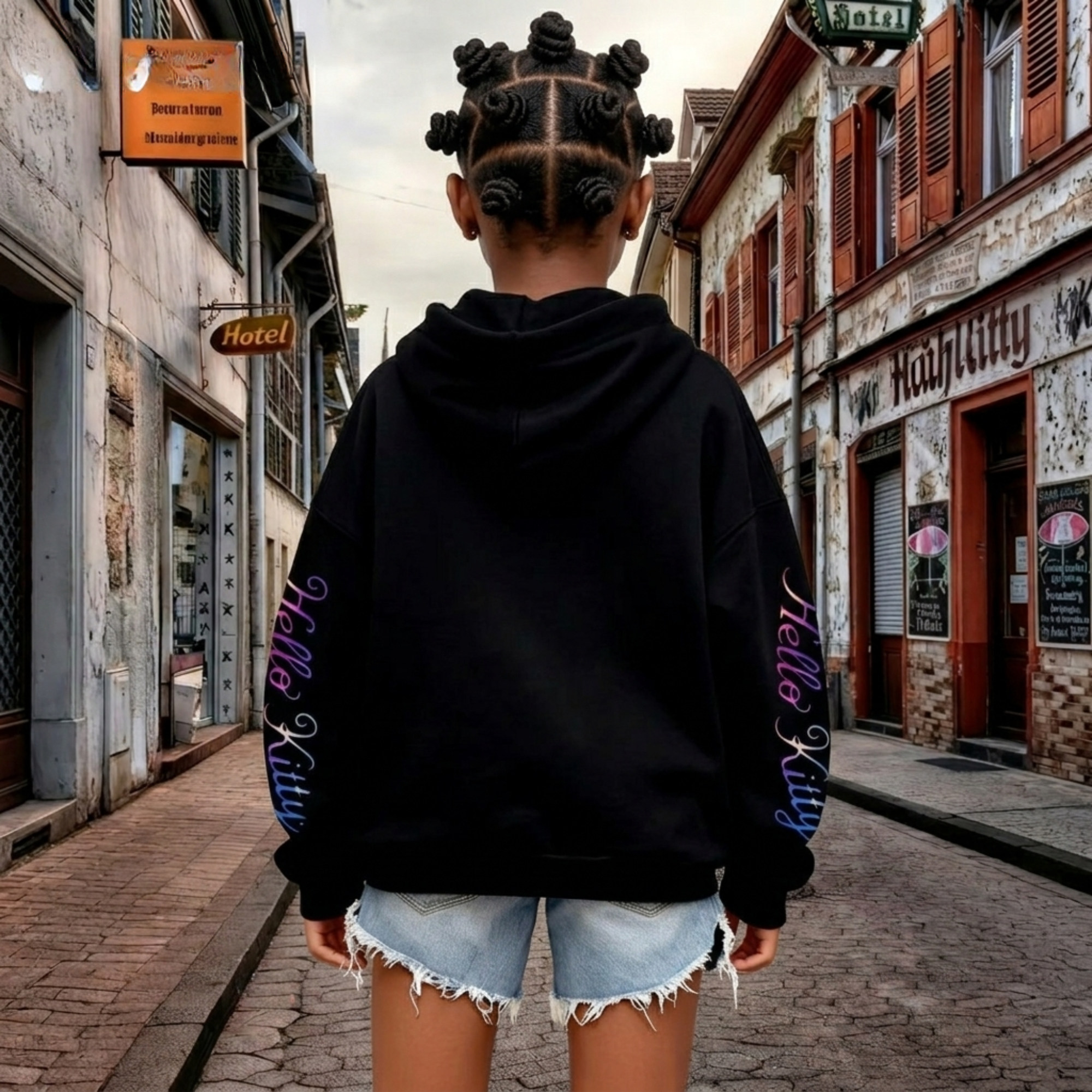 Girls Casual Preppy Hooded Sweatshirt with Hello Kitty Print Design