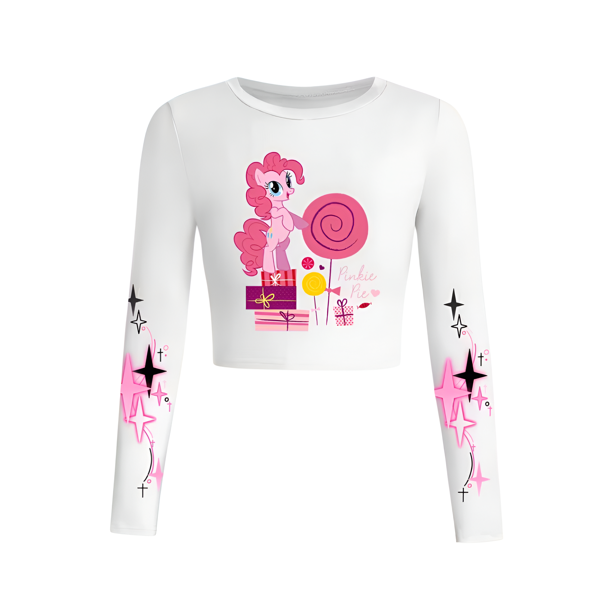 Pinkie Pie Cartoon Print Long Sleeve Casual Crop T Shirt For Girls