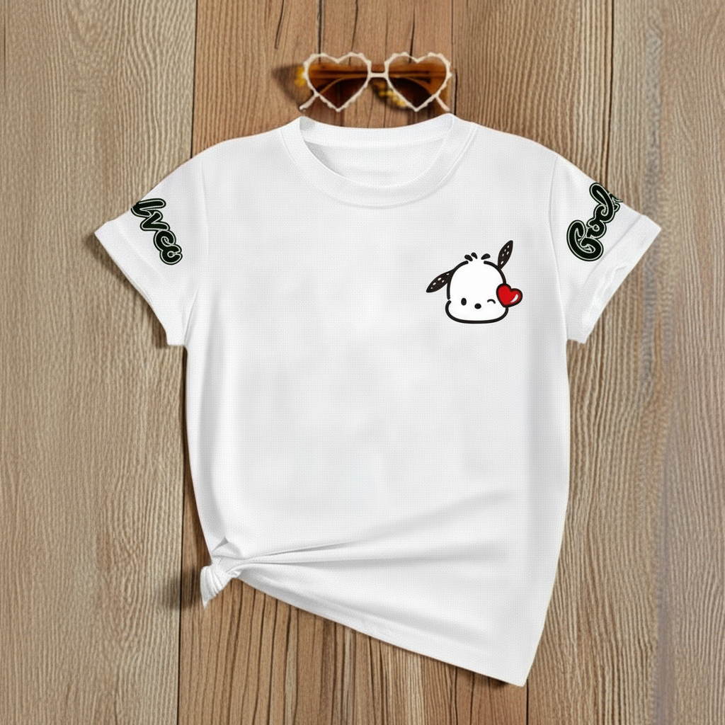 Mesh Short Sleeve T Shirt With Double Sided Pochacco Print For Girls
